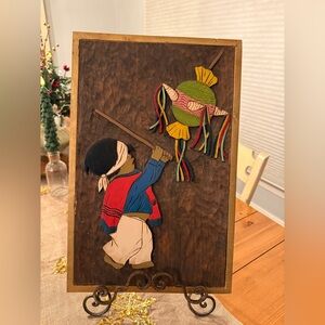 Handcrafted Wood Folk Art Relief –Child & Piñata –Mid Century Wall Decor Vintage